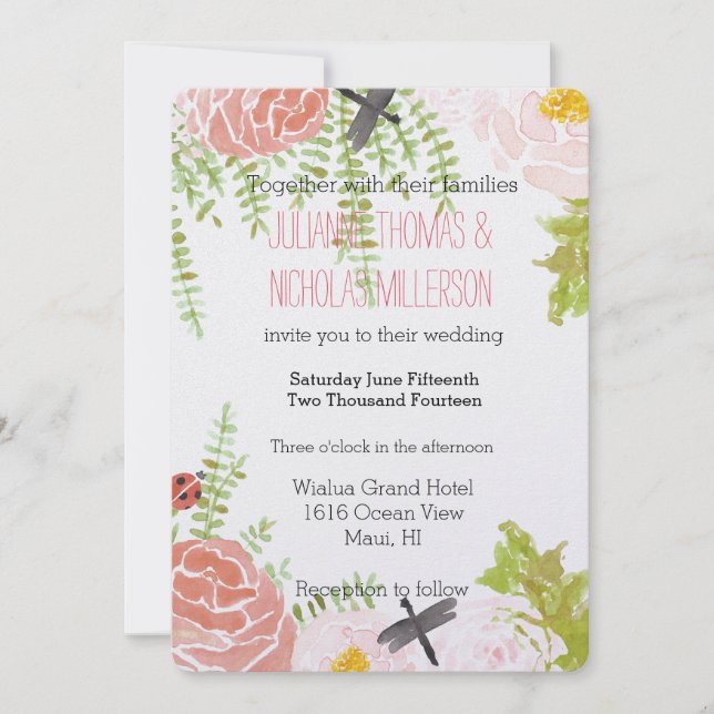 Invitation Dragonflies Rose Aquarelle Jardin Mariage (Devant)