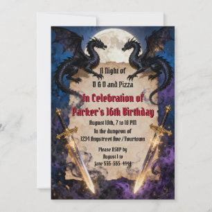 Invitation Dragons noirs et épées magiques pour l'anniversair