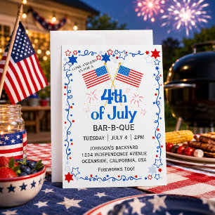 Invitation Drapeau américain du 4 juillet BBQ Feu d'artifice 