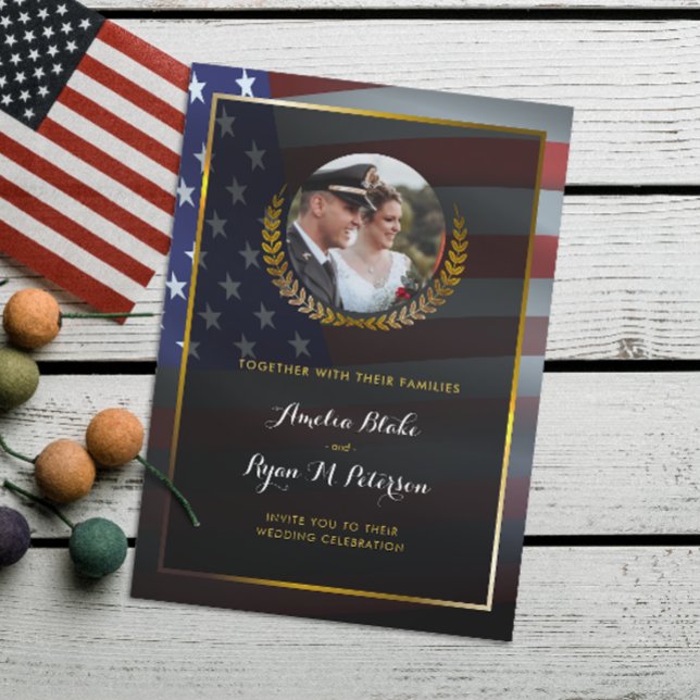 Invitation Drapeau américain | Feuilles Gold Laurel | Mariage (Créateur téléchargé)
