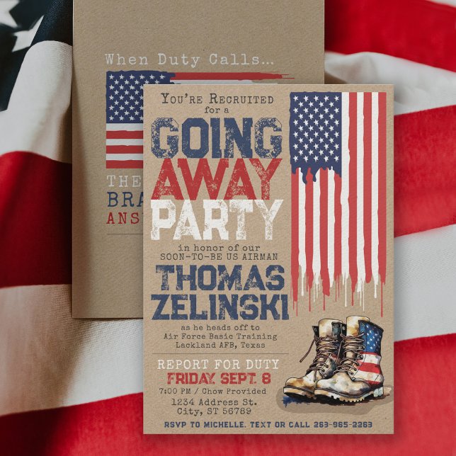Invitation Drapeau américain rustique militaire pour une fête (Rustic military farewell going away party invitation front and back with vintage combat boots & flag)