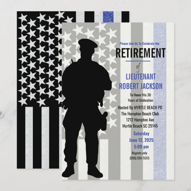 Invitation Drapeau bleu noir Police Retraite (Devant / Derrière)