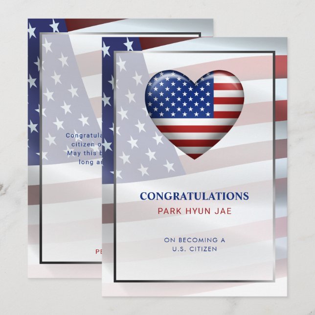 Invitation Drapeau cardiaque américain | Cadre Or | Citoyenne (Devant / Derrière)
