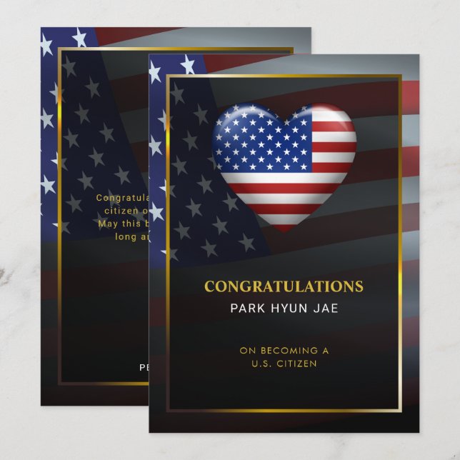 Invitation Drapeau cardiaque américain | Cadre Or | Citoyenne (Devant / Derrière)