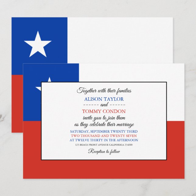 Invitation Drapeau chilien, Drapeau du Chili Mariage (Devant / Derrière)