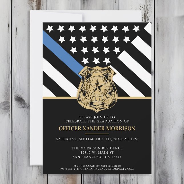 Invitation Drapeau de la ligne bleue de la police Diplôme de  (Perfect invitation to invite guests to celebrate the new police academy graduate in law enforcement!)
