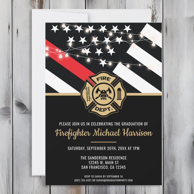 Invitation Drapeau de la ligne rouge de l'École des pompiers (Perfect invitation to invite guests to celebrate the new fire academy graduate in fire fighting!)