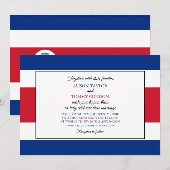Invitation Drapeau du Costa Rica, Drapeau du Mariage du Costa (Devant / Derrière)