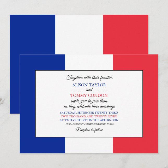 Invitation Drapeau français, Drapeau de France Mariage (Devant / Derrière)