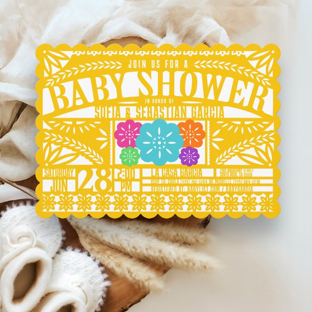 Invitation Drapeau mexicain Fiesta Papel Picado Baby shower O (Festive bright colorful yellow gold Mexican fiesta Papel Picado gender neutral baby shower invite)