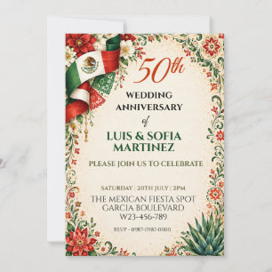 Invitation Drapeau Mexicain Floral Vert Blanc Rouge Fête