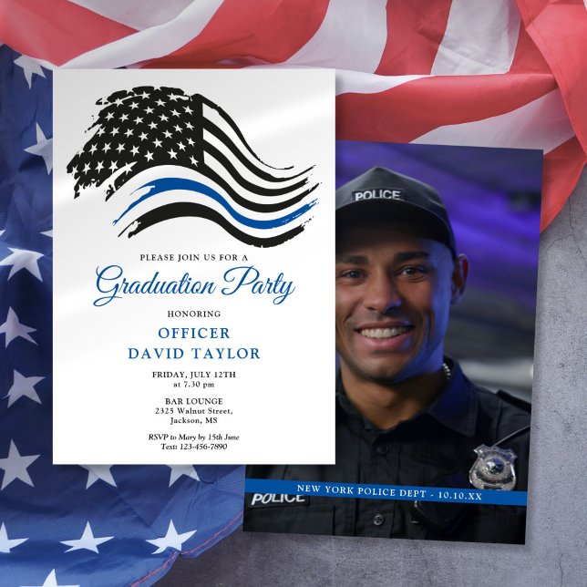 Invitation Drapeau mince de la ligne bleue de la Police Gradu (Police Graduation Party Thin Blue Line Flag Invitation)