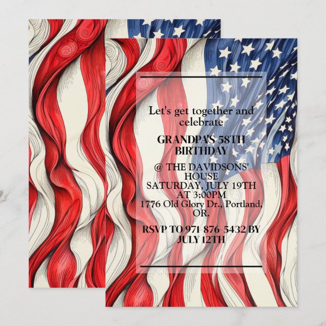 Invitation Drapeau Patriotique Américain Vibrant fête d'anniv (Devant / Derrière)