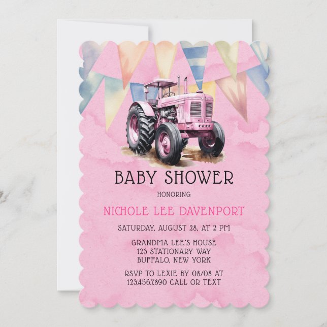 Invitation Drapeau rose Tracteur Baby shower fille d'aquarell (Devant)
