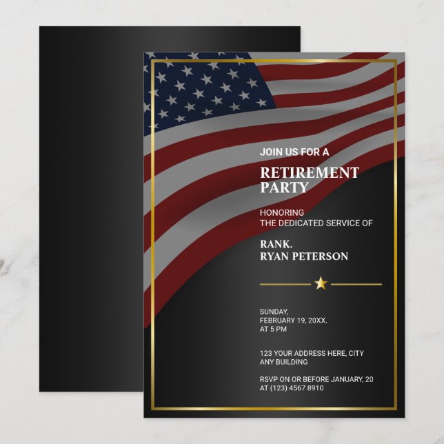 Invitation Drapeau USA | Coin | Cadre doré | Luxe Noir (Devant / Derrière)