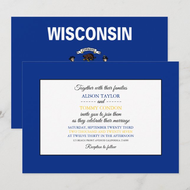 Invitation Drapeau Wisconsinite, Drapeau du Mariage Wisconsin (Devant / Derrière)