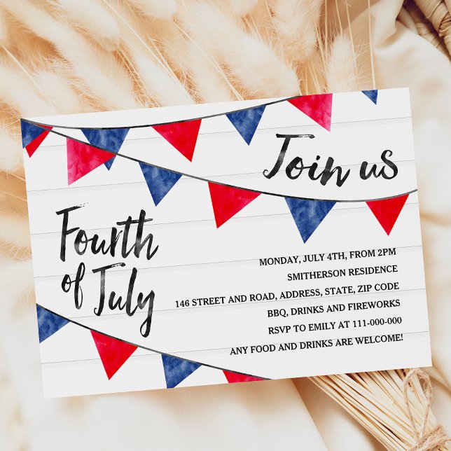 Invitation Drapeaux de bottes rouges modernes bois 4 juillet (Modern red blue bunting flags wood 4th of July Invitation)