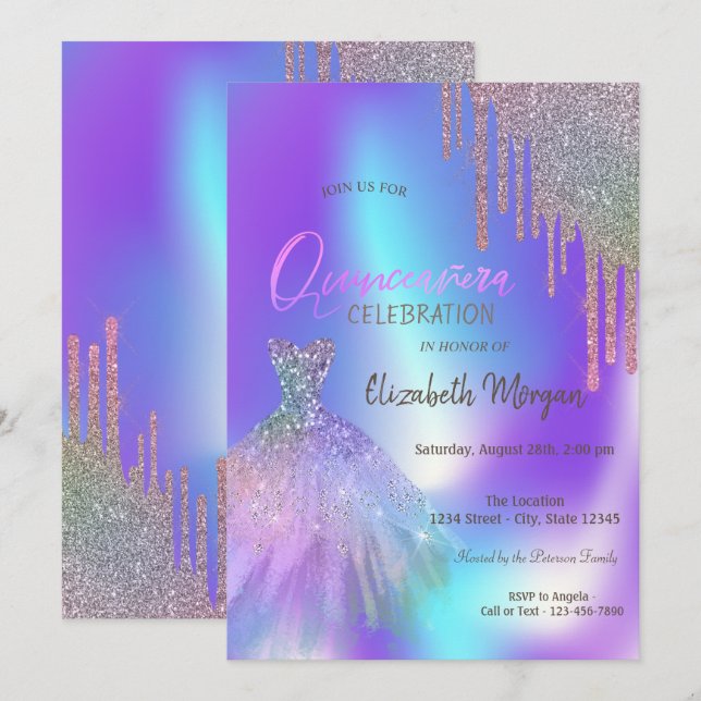 Invitation Draps de Parties scintillant Ombre robe Quinceañer (Devant / Derrière)