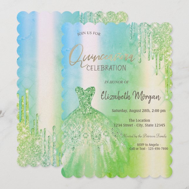 Invitation Draps de Parties scintillant verte Robe Quinceañer (Devant / Derrière)