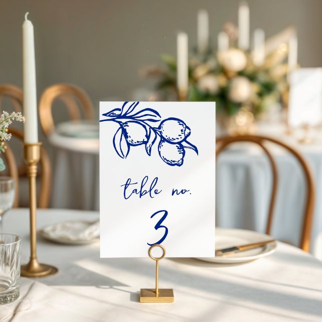 Invitation Drawn Blue Lemon 5x7 Wedding Table Number Sign (Créateur téléchargé)