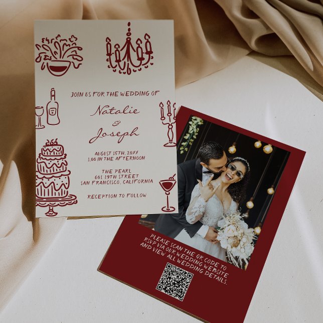 Invitation Drawn Burgundy Whimsical Photo QR Code Wedding (Créateur téléchargé)
