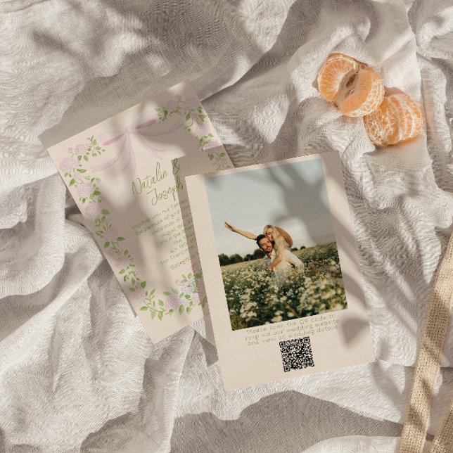 Invitation  Drawn Green Pink Bow Floral Photo QR Code Wedding (Créateur téléchargé)