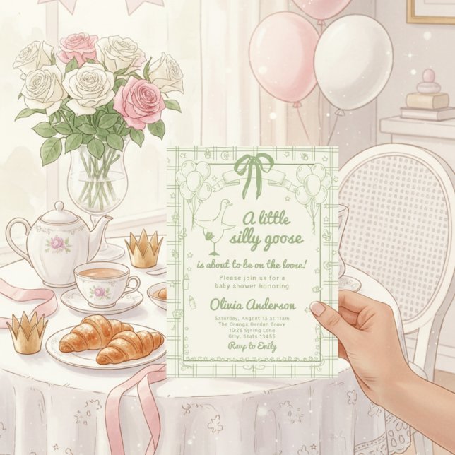 Invitation Drawn Silly Goose green Gingham Ribbon Baby Shower (Créateur téléchargé)