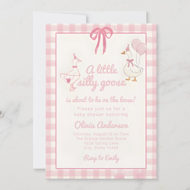 Invitation Drawn Silly Goose pink Gingham Ribbon Baby Shower (Devant)