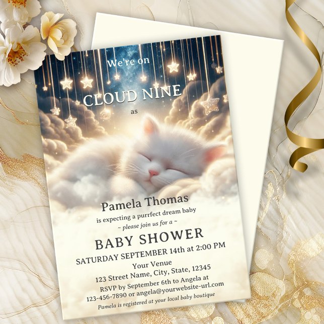 Invitation Dream Baby Cloud Neuf Baby shower (An adorable baby shower invitation featuring a kitten sleeping on cloud nine with twinkling stars)