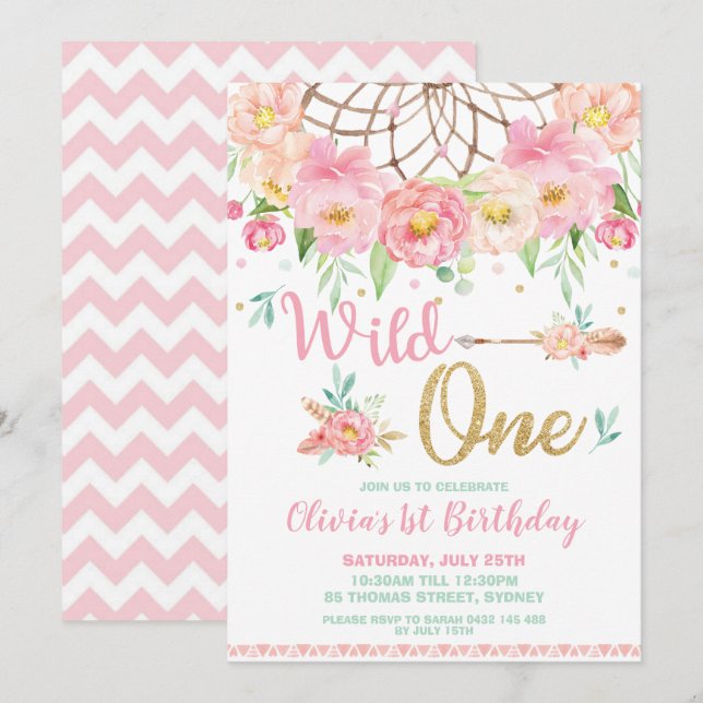 Invitation Dream Catcher Wild One Birthday Boho Floral (Devant / Derrière)