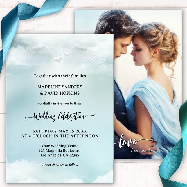 Invitation Dream Cloud Neuf Angel Wings Mariage (Wedding invitation featuring a romantic dream cloud nine design with angel wings. Heavenly blessings)