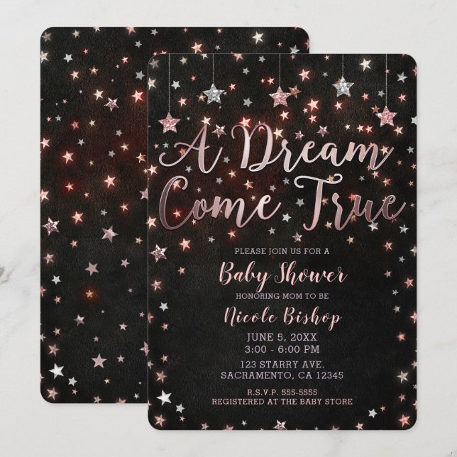 Invitation Dream Come True Black Rose Gold Stars Baby shower (Devant / Derrière)