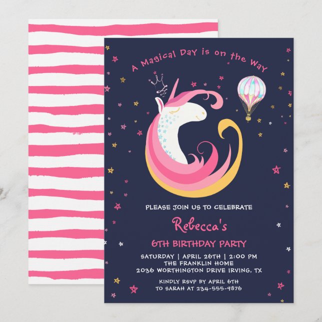 Invitation Dream Magic Unicorn & Hot Air Balloon Anniversaire (Devant / Derrière)