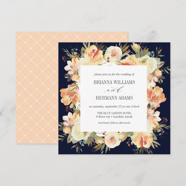 Invitation Dream Peach & Navy | Mariage diamant floral de pri (Devant / Derrière)