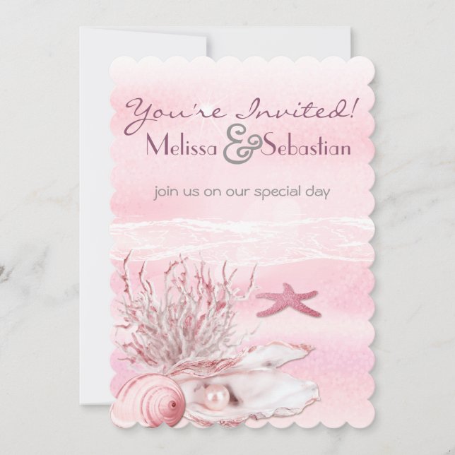Invitation Dream Shore Beach Carnation mariage rose Invitatio (Devant)