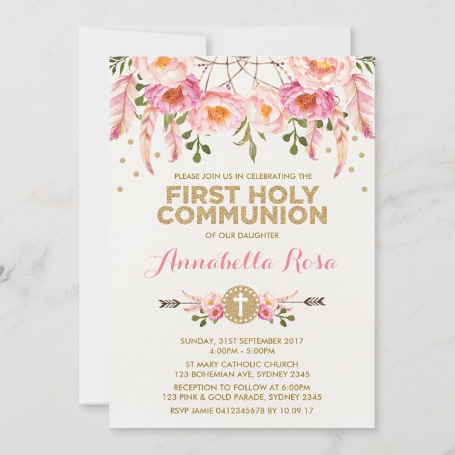 Invitation Dreamcatcher Holy Communion Chic Rose or Floral (Devant)