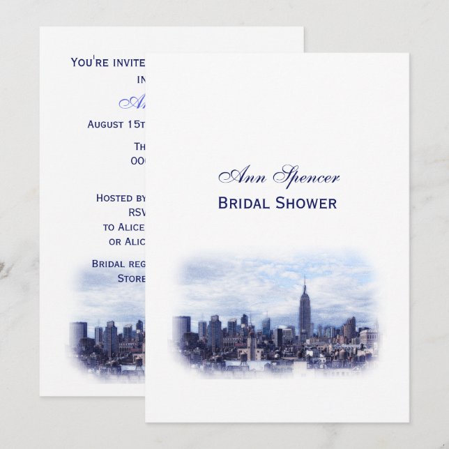 Invitation Dreamway Navy Blue NYC Skyline Fête des mariées V (Devant / Derrière)