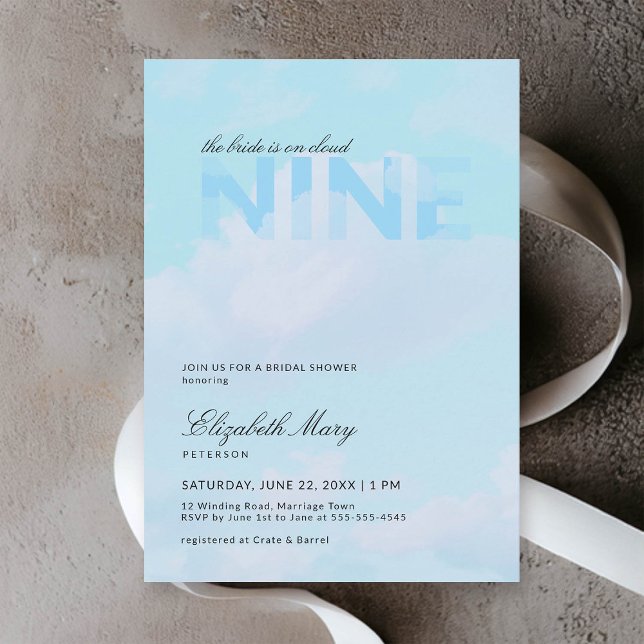 Invitation Dreamy Blue Cloud 9 Moderne Fête des mariées éléga (cloud 9 bridal shower invitation dreamy romantic pastel blue clouds sky modern calligraphy elegant)