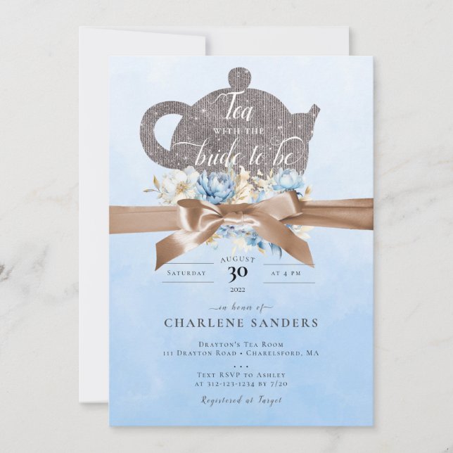 Invitation Dreamy Blue Floral et Bow Bridal Tea (Devant)