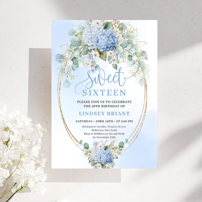 Invitation Dreamy Blue Hydrangeas Gold Sweet Sixteen Invite (Dreamy Blue Hydrangeas Gold Sweet Sixteen Invitation)