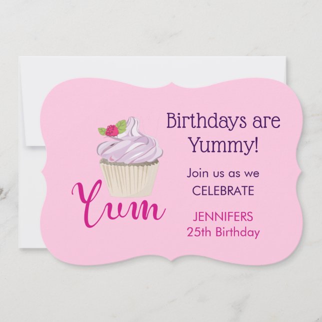 Invitation Dreamy Cupcake rose avec Yum framboise! Anniversai (Devant)