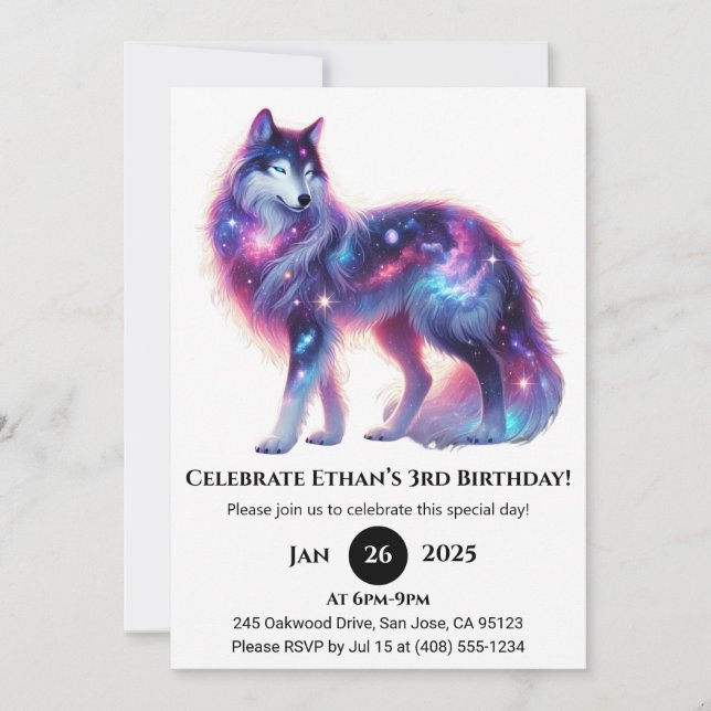 Invitation Dreamy Galaxy Wolf Birthday (Devant)