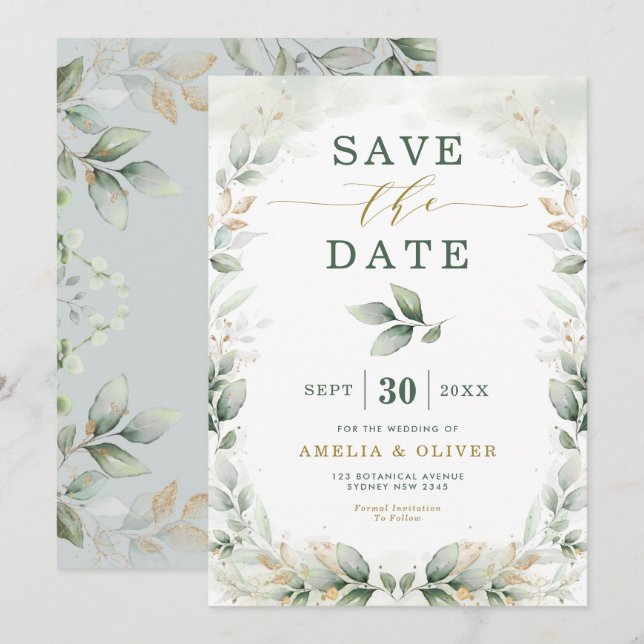 Invitation Dreamy Green Eucalyptus Gold Enregistrer la date (Devant / Derrière)