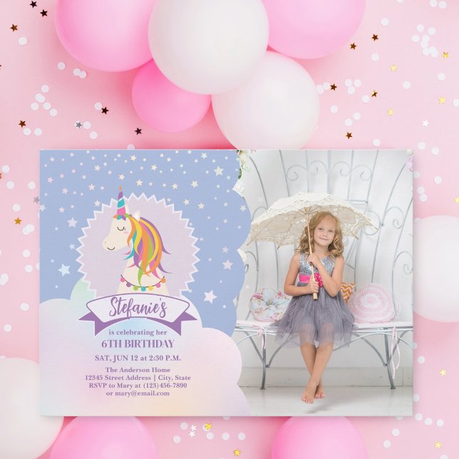 Invitation Dreamy Magic Rainbow Unicorn Girl Birthday Photo (Créateur téléchargé)