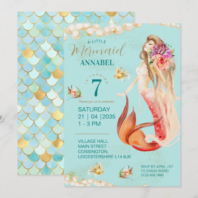 Invitation Dreamy Mermaid fête d'anniversaire (Devant / Derrière)