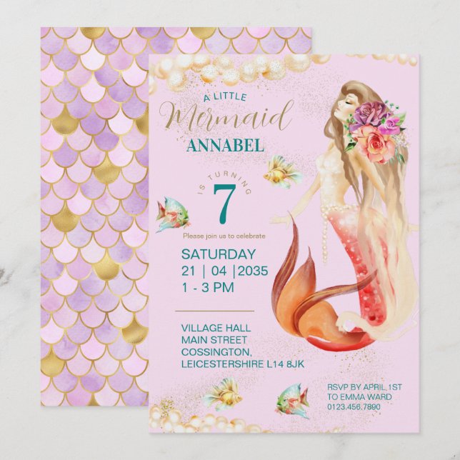 Invitation Dreamy Mermaid fête d'anniversaire (Devant / Derrière)
