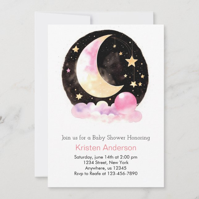 Invitation Dreamy Moon et étoiles Baby shower de fille rose (Devant)