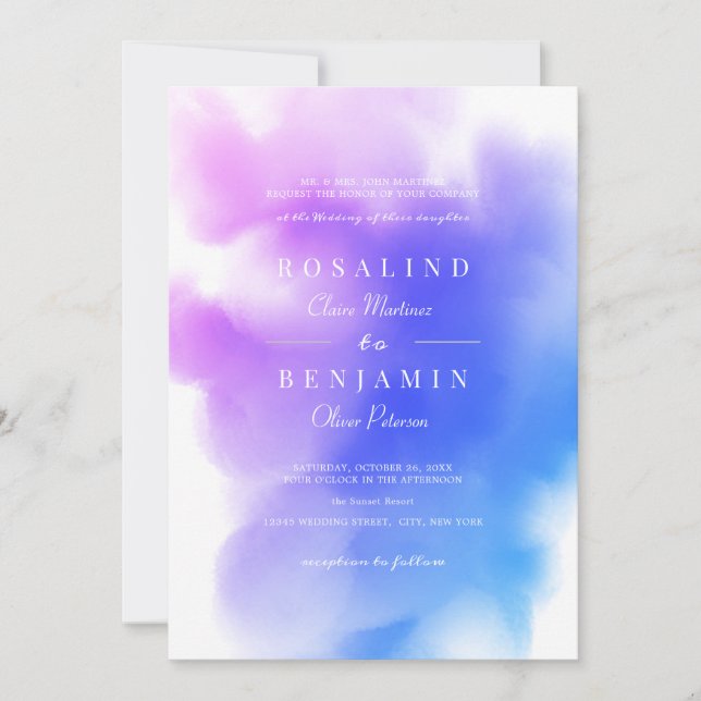 Invitation Dreamy Ombre bleu rose Aquarelle Mariage Abstrait (Devant)