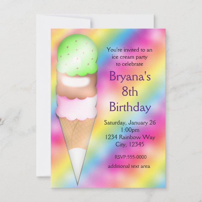 Invitation Dreamy Rainbow Ice Cream Anniversday Party Invitat (Devant)