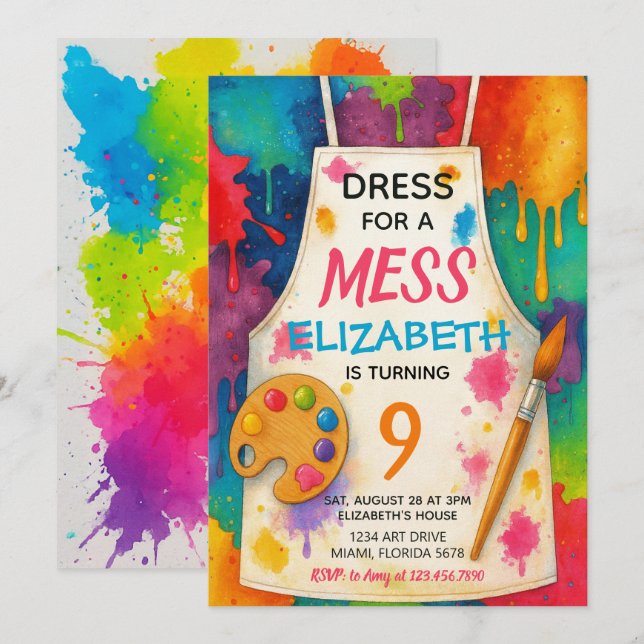 Invitation Dress for a Mess Art Party Birthday (Devant / Derrière)